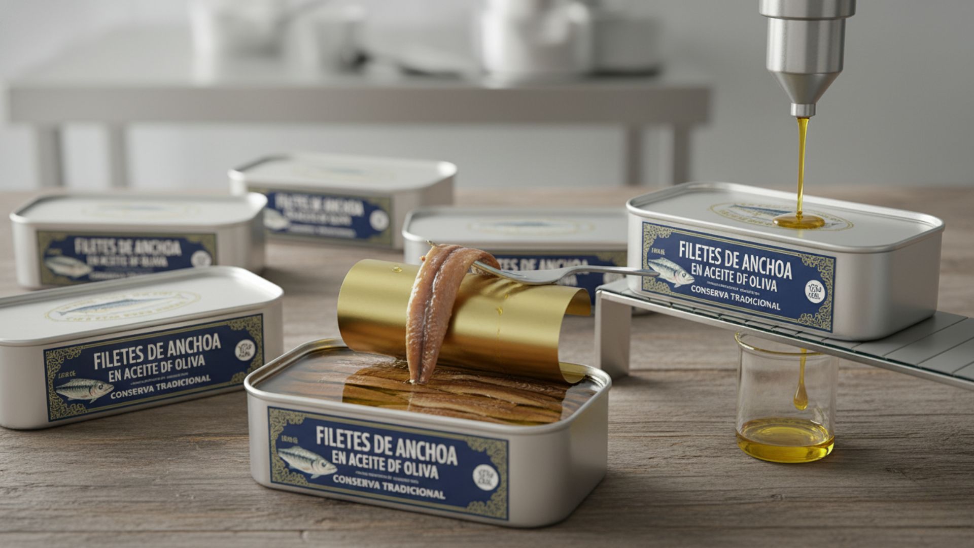 Lata de anchoa con aceite de oliva desbordando por los bordes, representando la merma por llenado por rebose en conserveras