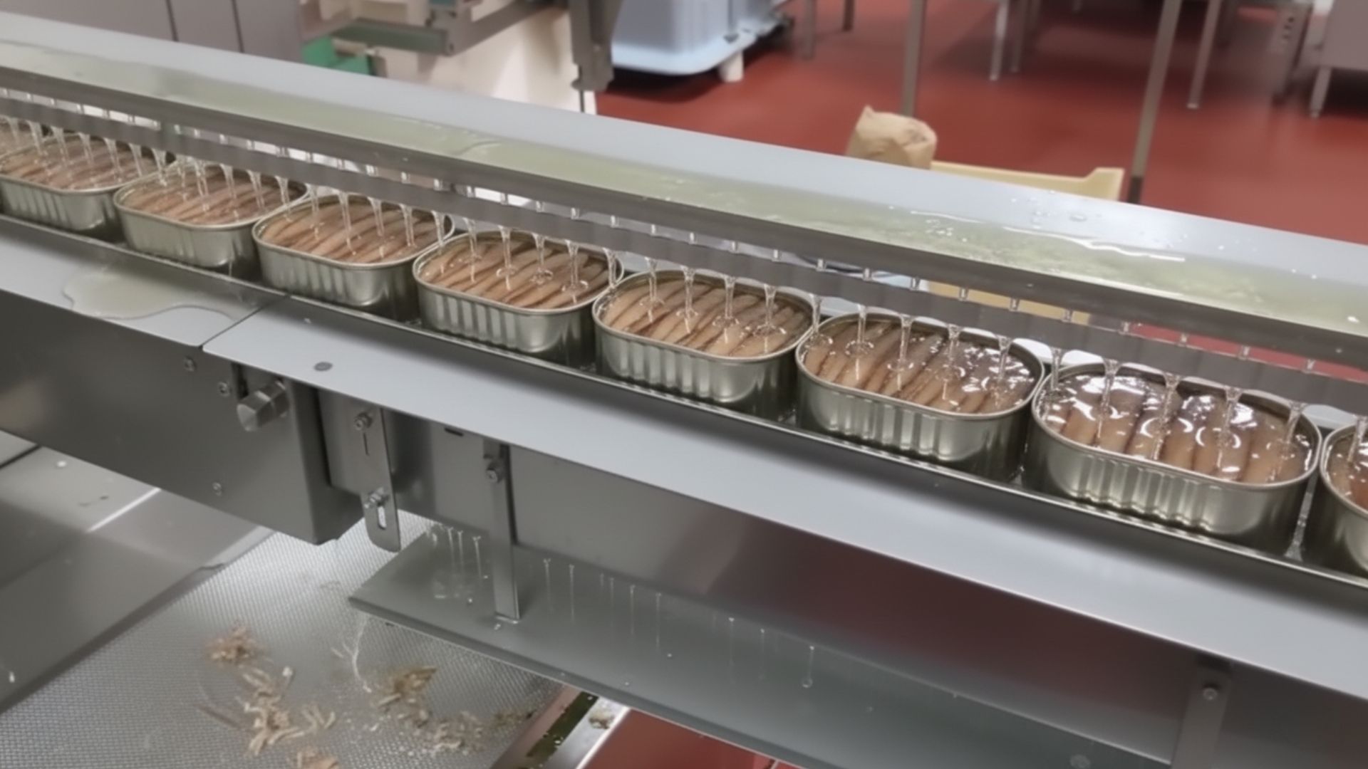 Línea de llenado por rebose con aceite desbordándose en latas de anchoa en conservera industrial