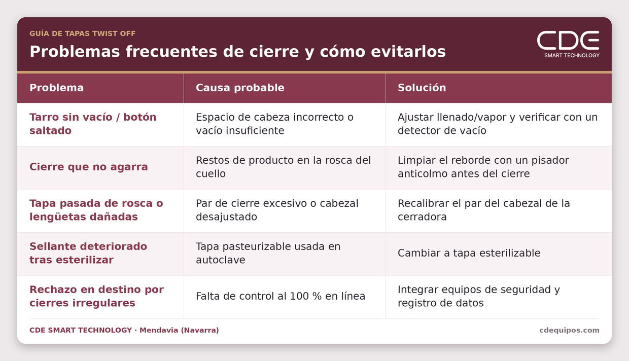 Tabla de problemas frecuentes de cierre en tapas twist off con su causa probable y la solución en una línea de envasado